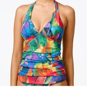 La Blanca Feathering Colors Printed Shirred Halter Tankini Top Rainbow 4